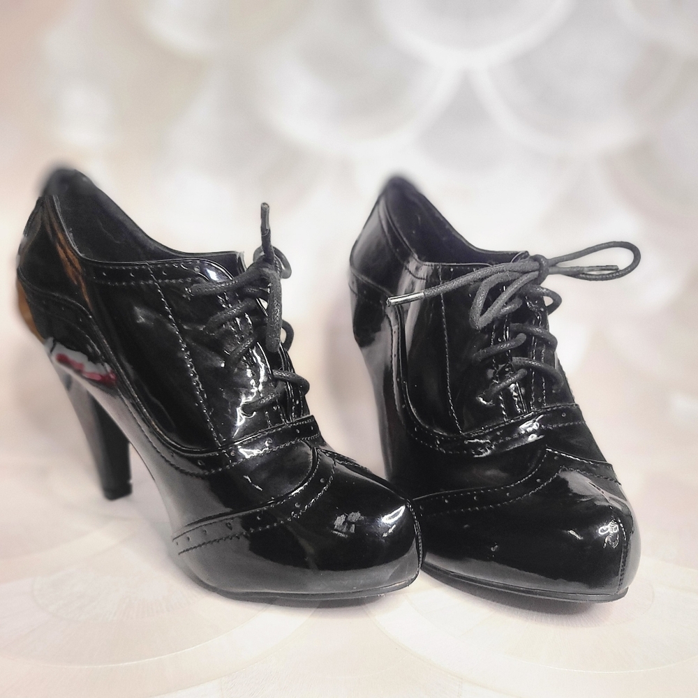 Black Leather Heeled Lace Ankle Boots